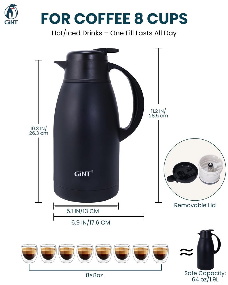 GiNT Stainless Steel Thermal Coffee Carafe, Double Walled Vacuum Water and Beverage Dispenser, 12 Hour Heat Retention, 65 OZ /1.9 Liter Black - Image 3